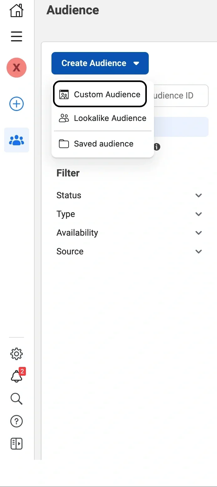 Create Audience dropdown with Custom Audience option