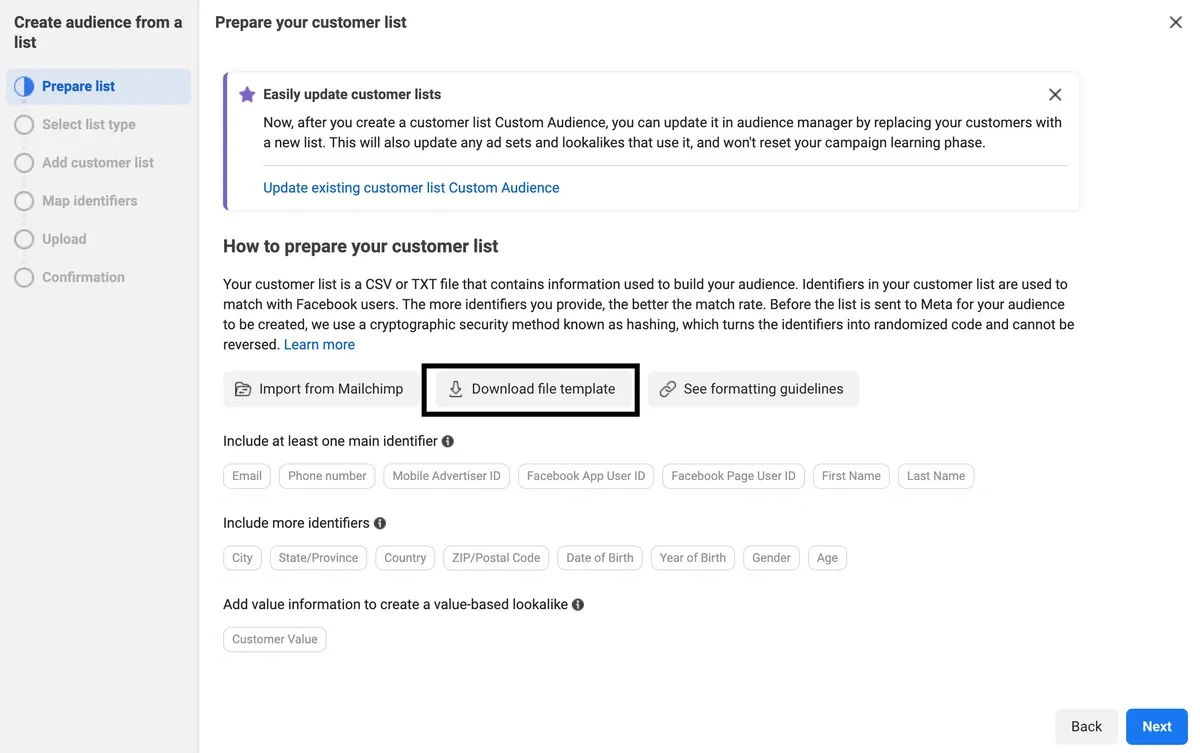 File template download with CSV and TXT format options