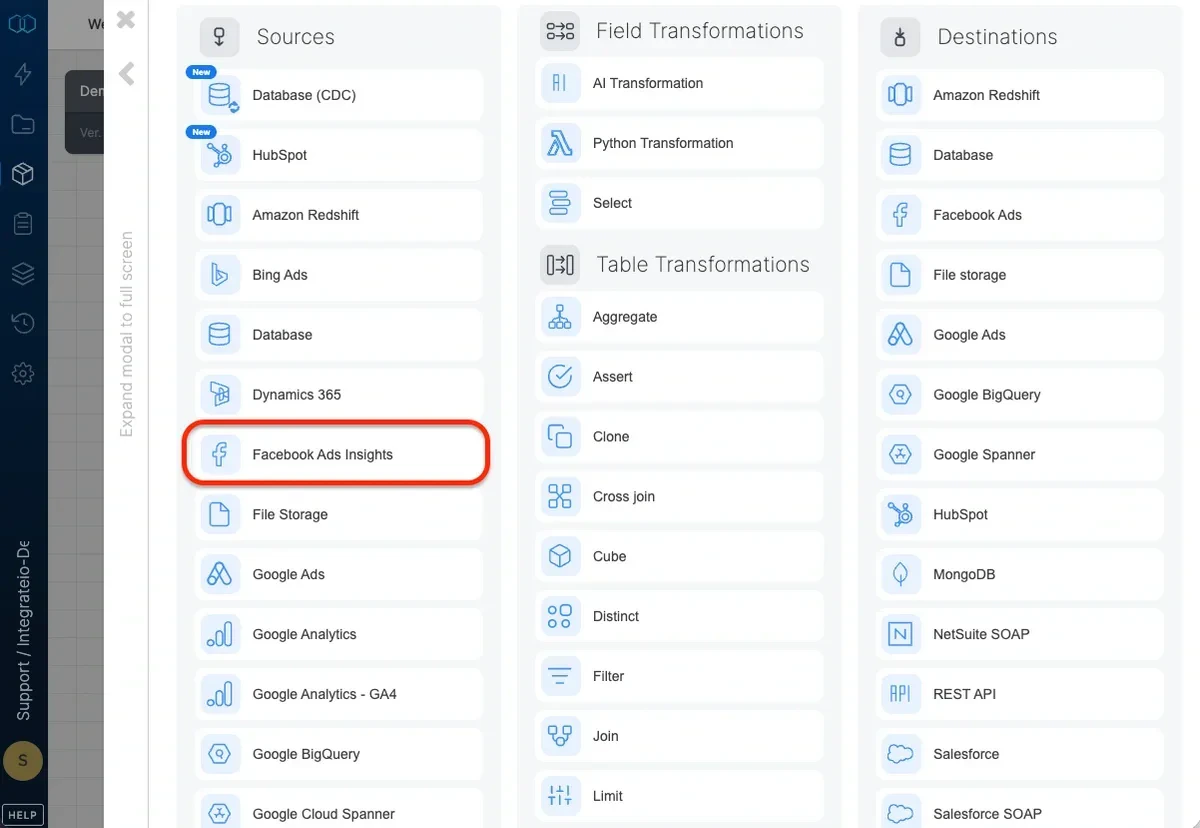 Facebook Ads Insights source component in the pipeline designer