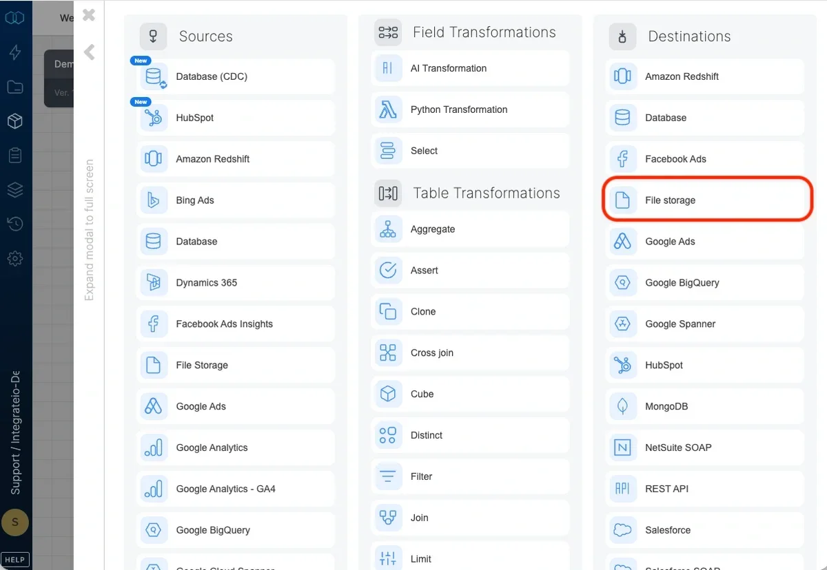 File storage destination component in the pipeline designer