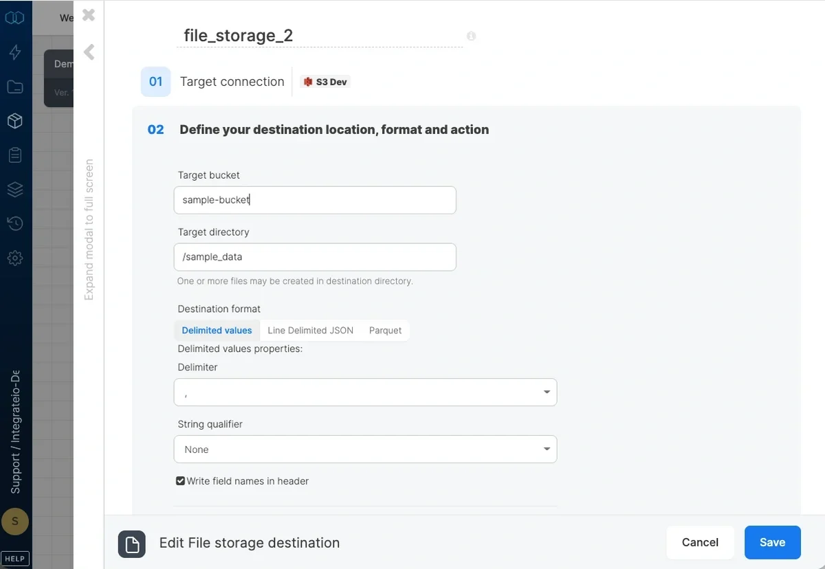 Destination properties with bucket, directory, and format options