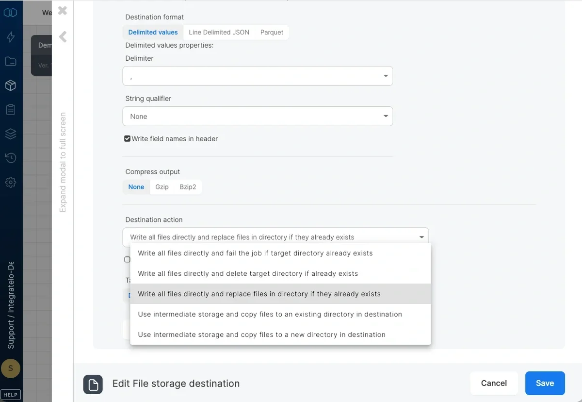 Destination action options for file writing behavior