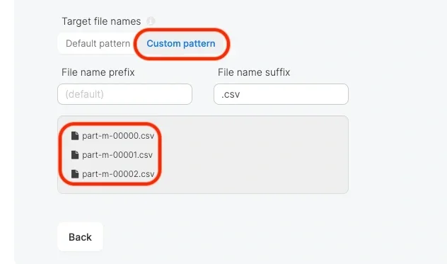 Custom pattern option with file name prefix and suffix fields