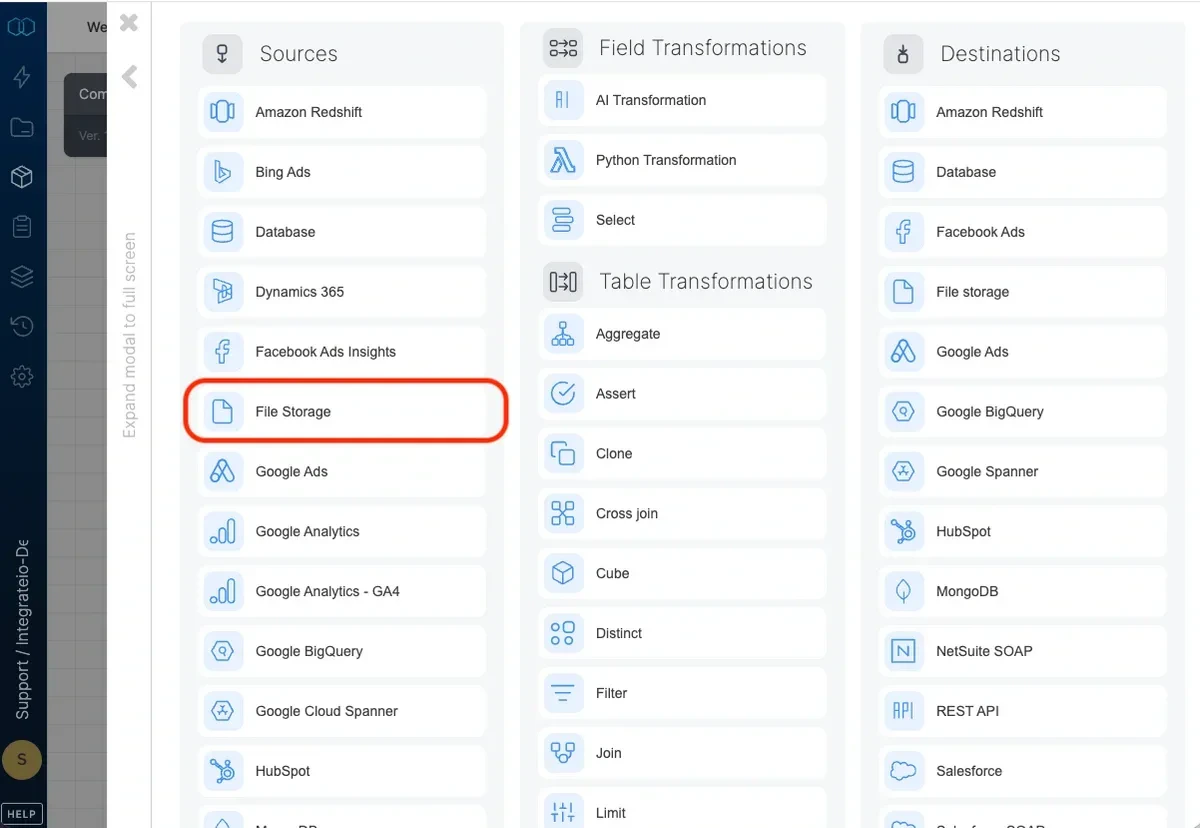 File storage source component in the pipeline designer
