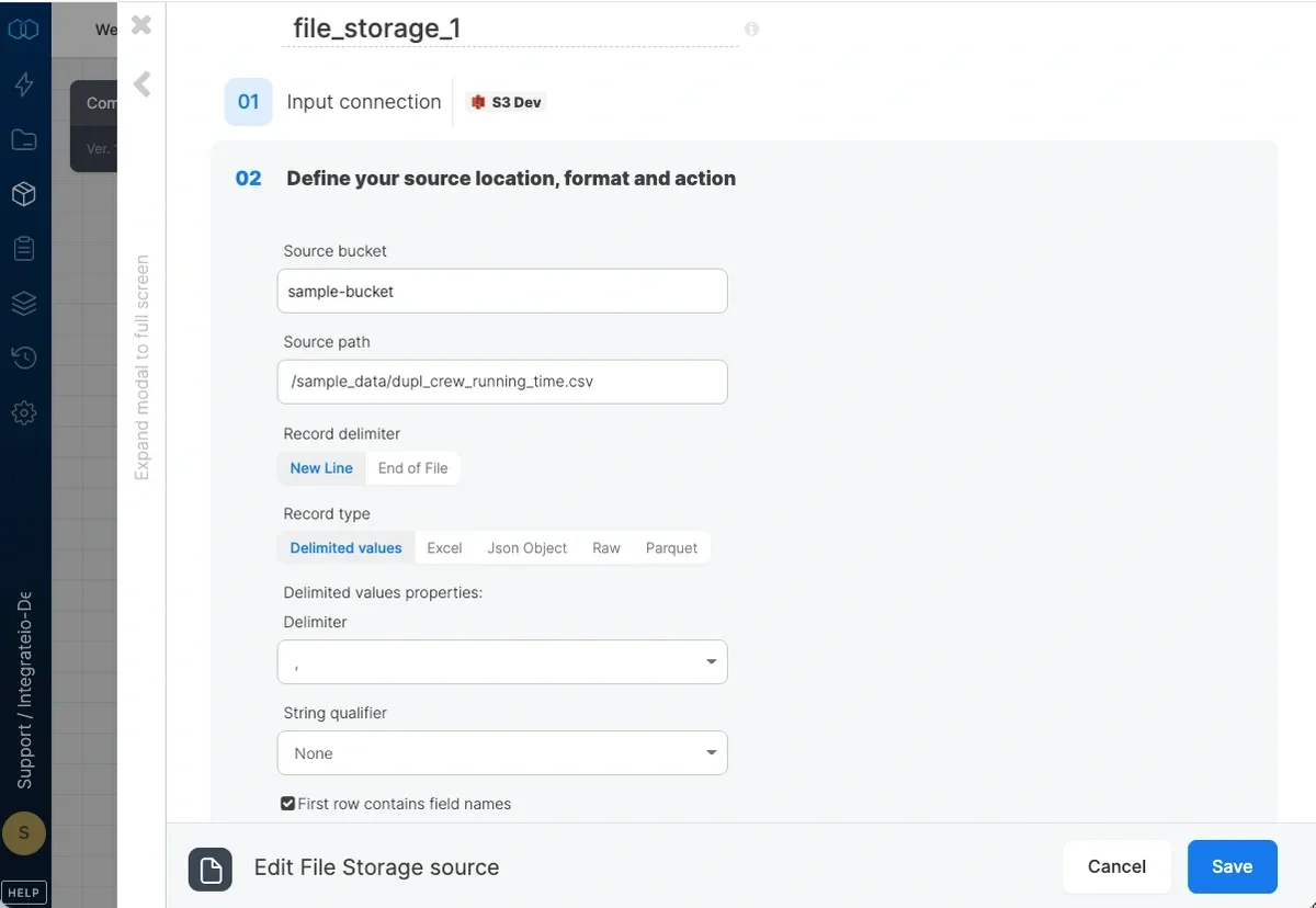 Source location settings with bucket and path fields