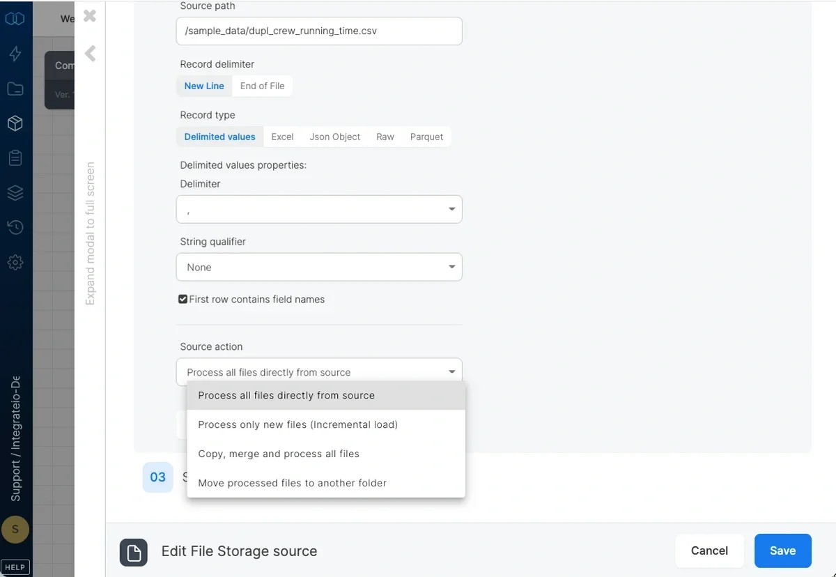 Source action options for file processing mode