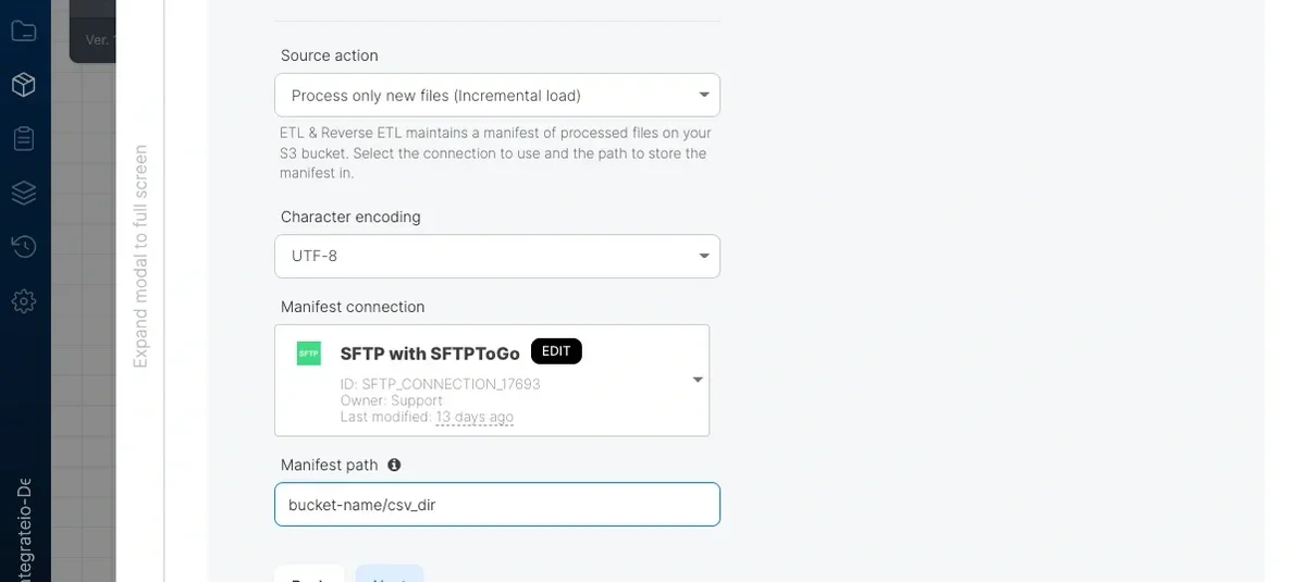 Incremental load settings with manifest connection and path