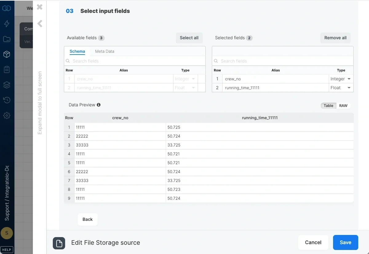 Source schema with field aliases, keys, and data types