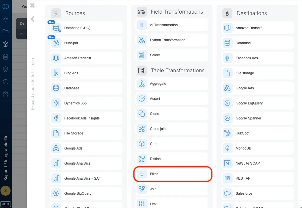 Filter component configuration panel