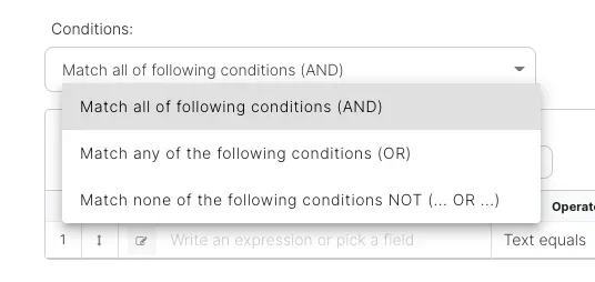 Logical operator selection for filter conditions