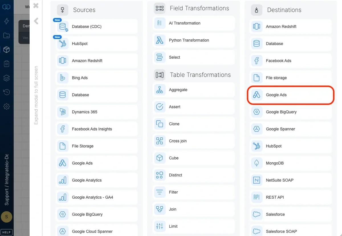 Google Ads destination component in the pipeline designer