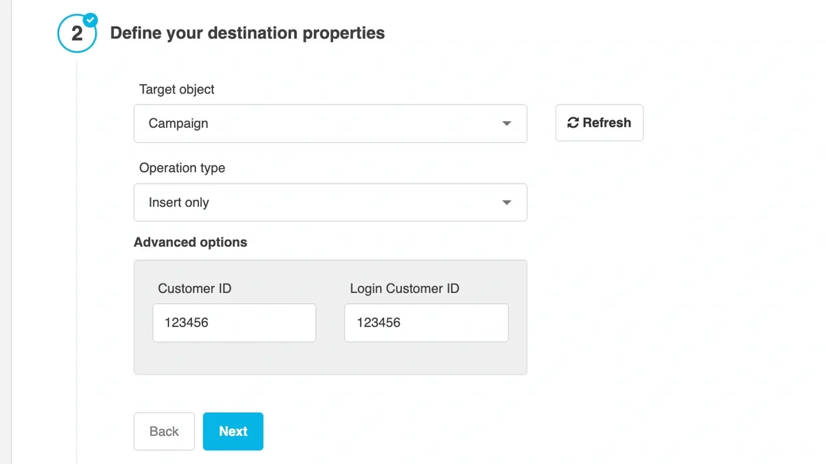 Advanced options with Customer ID and Login Customer ID fields
