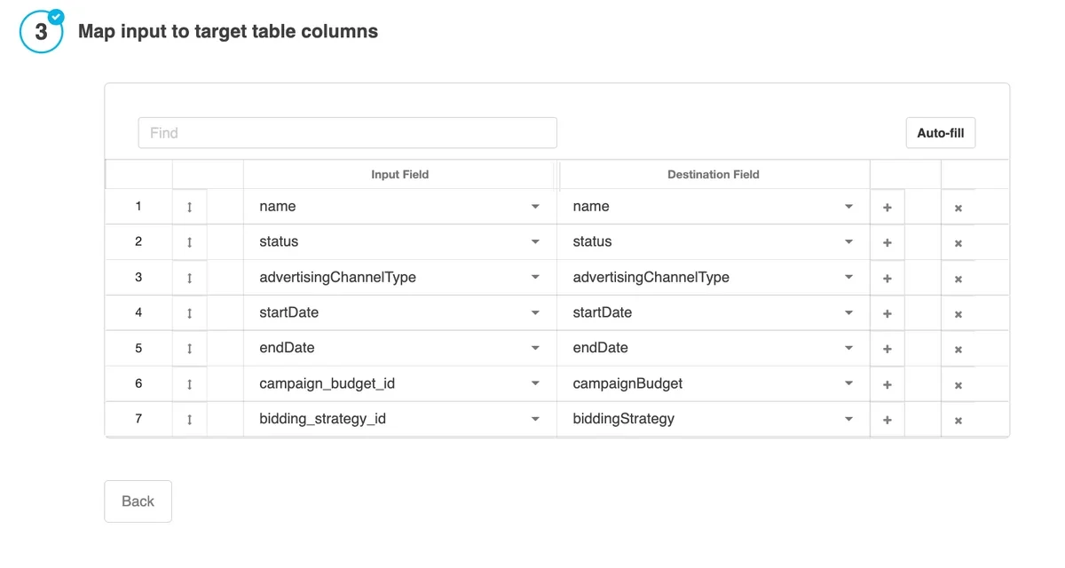Schema mapping with dataflow fields mapped to Google Ads columns