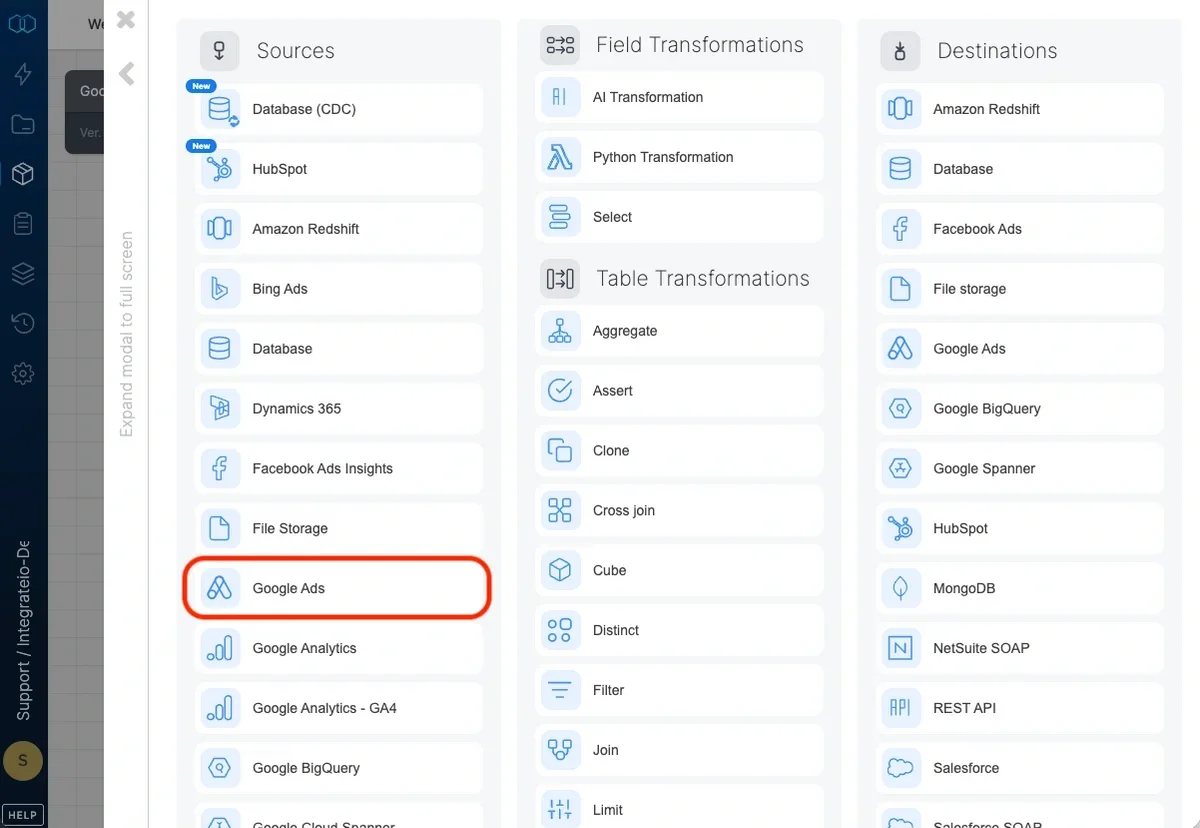 Google Ads source component in the pipeline designer