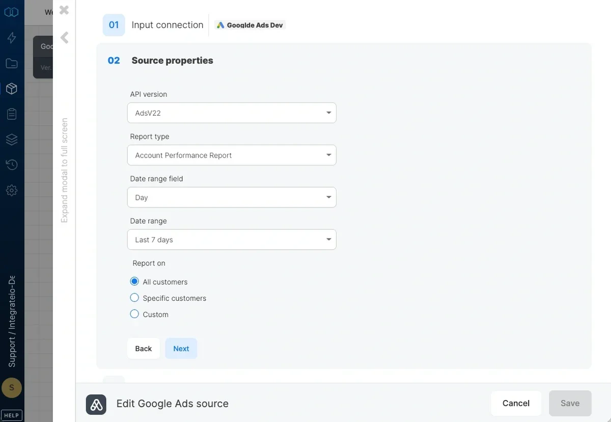 Google Ads source properties with API version, report type, and date range