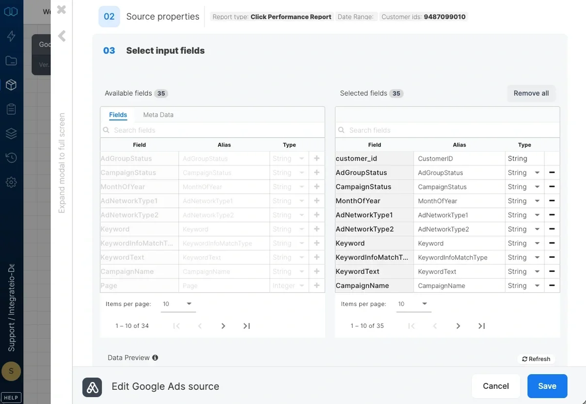 Google Ads source schema with field selection