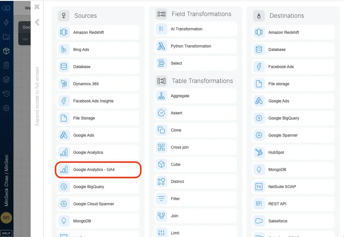 Google Analytics 4 source component in the pipeline designer