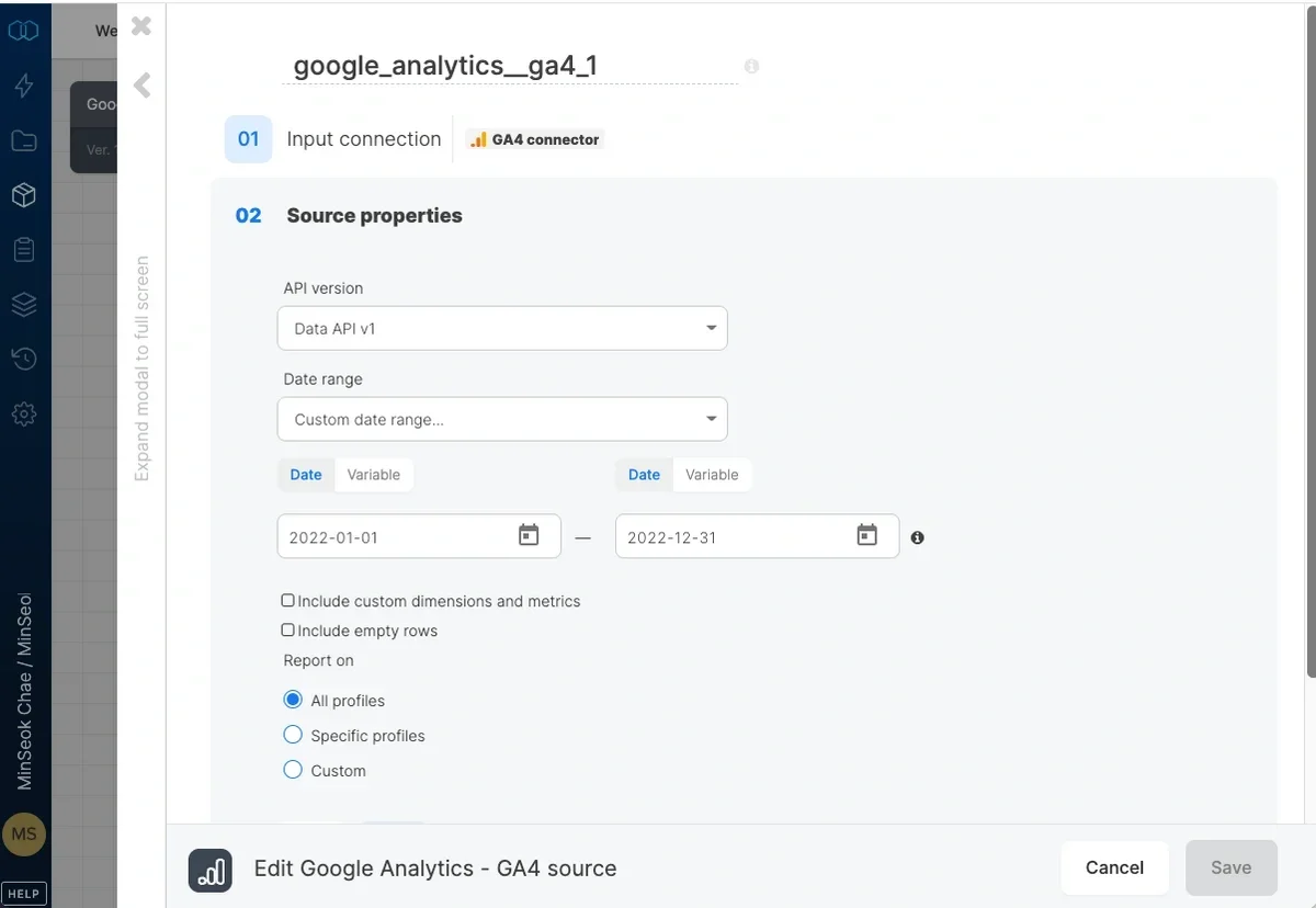 GA4 source properties with API version, date range, and property IDs