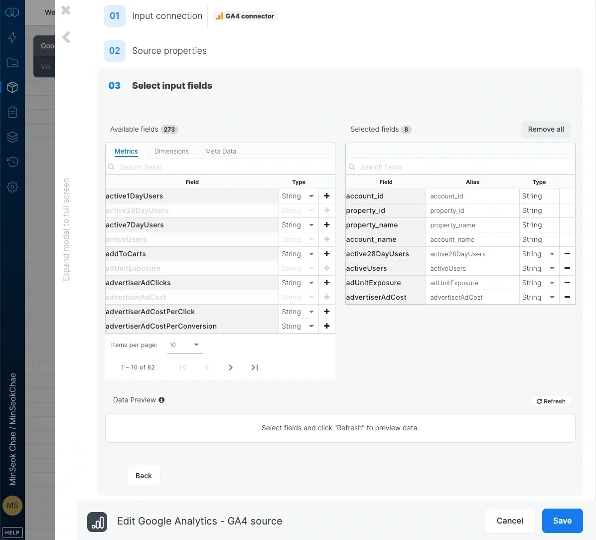 GA4 source schema with metrics and dimensions selection