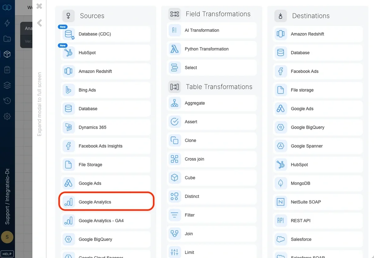 Google Analytics source component in the pipeline designer
