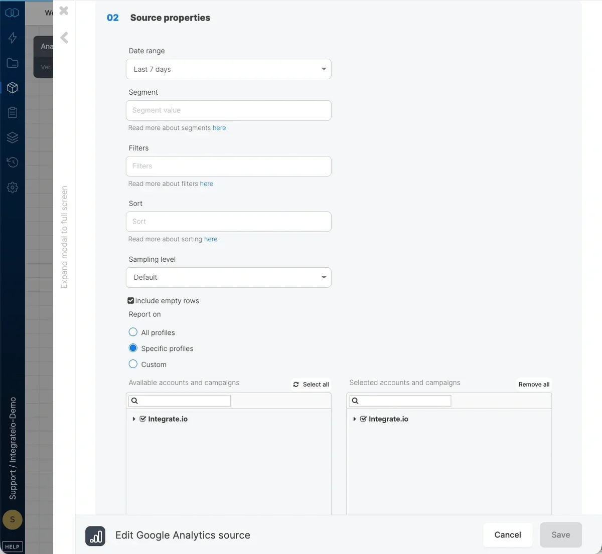 Google Analytics source properties with date range, segment, and profile IDs