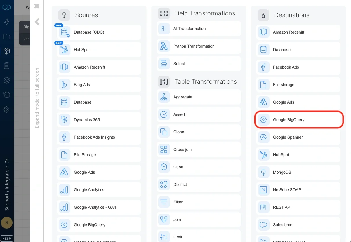 BigQuery destination component connection settings
