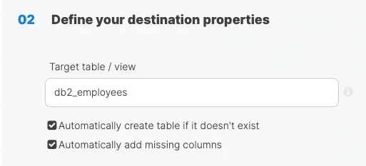 BigQuery destination properties with target table and auto-create options