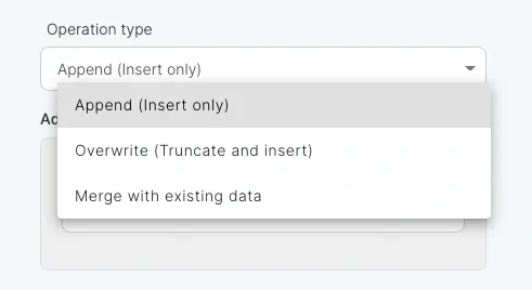 Operation type dropdown with append, overwrite, and merge options