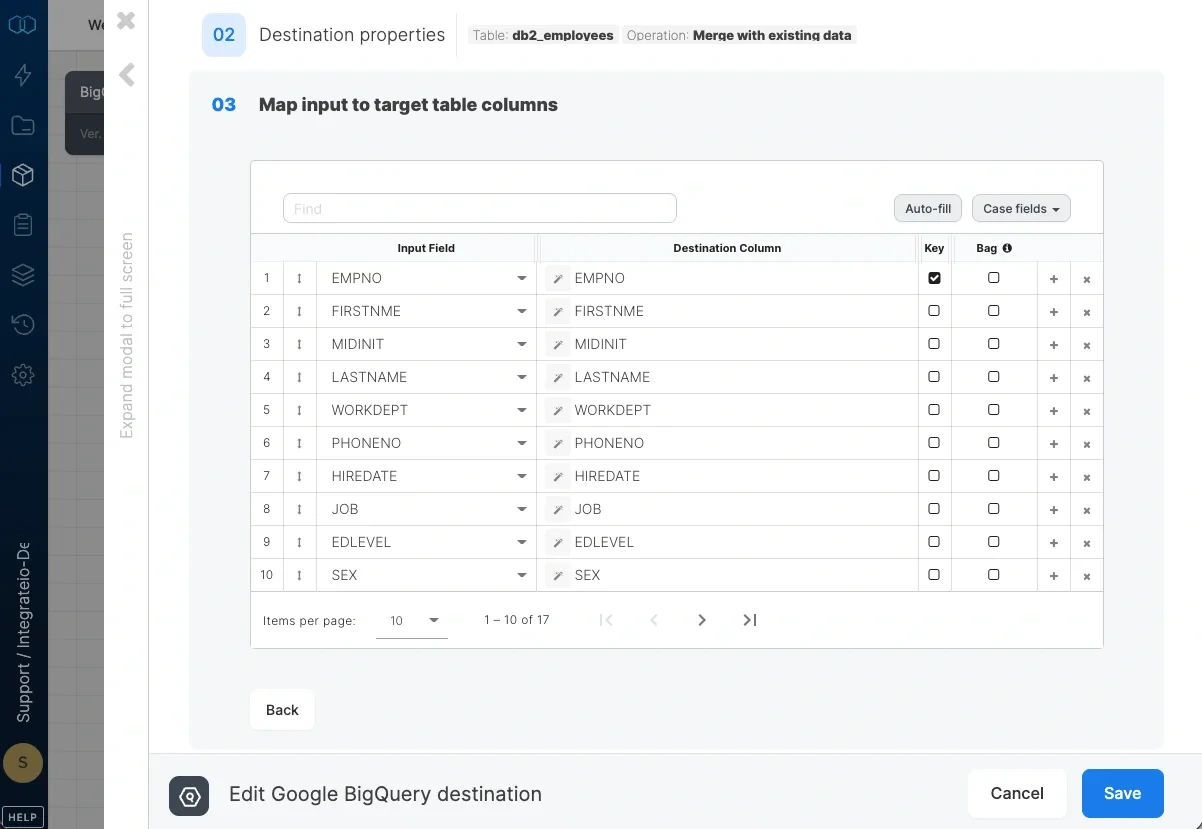 Schema mapping with field-to-column mapping and key selection