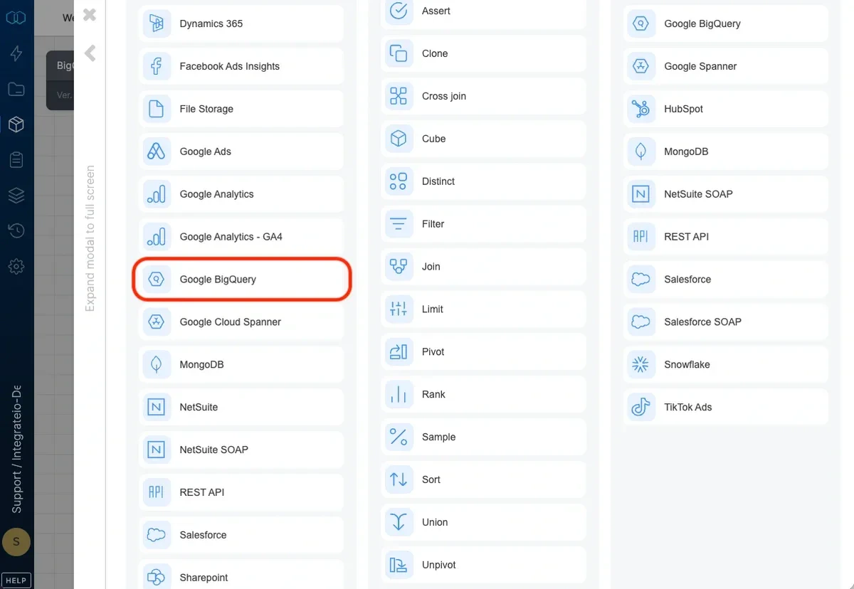 Google BigQuery source component in the pipeline designer