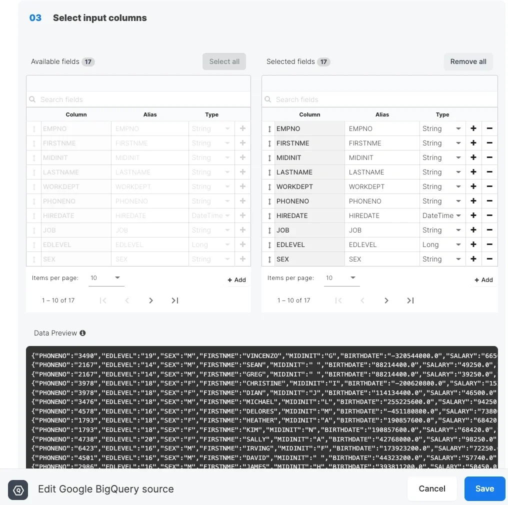 BigQuery source schema with field selection and data types
