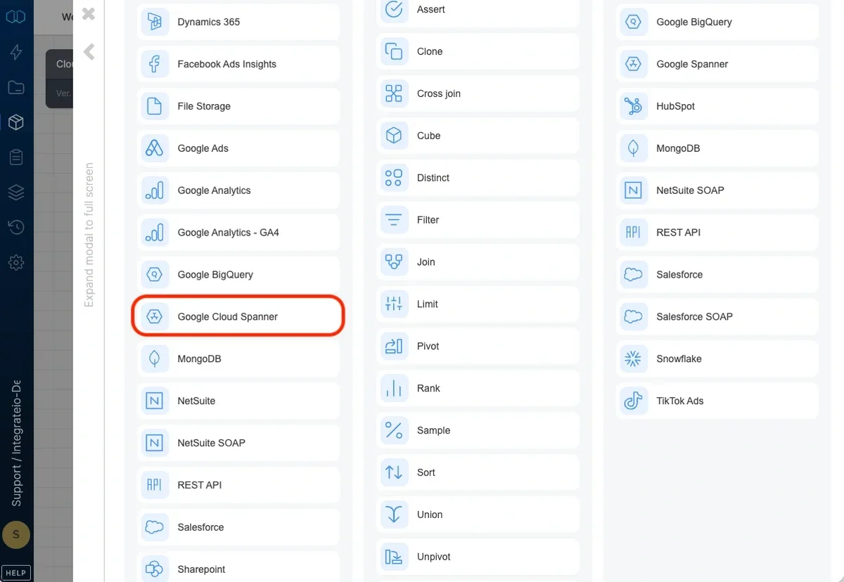 Google Cloud Spanner source component in the pipeline designer