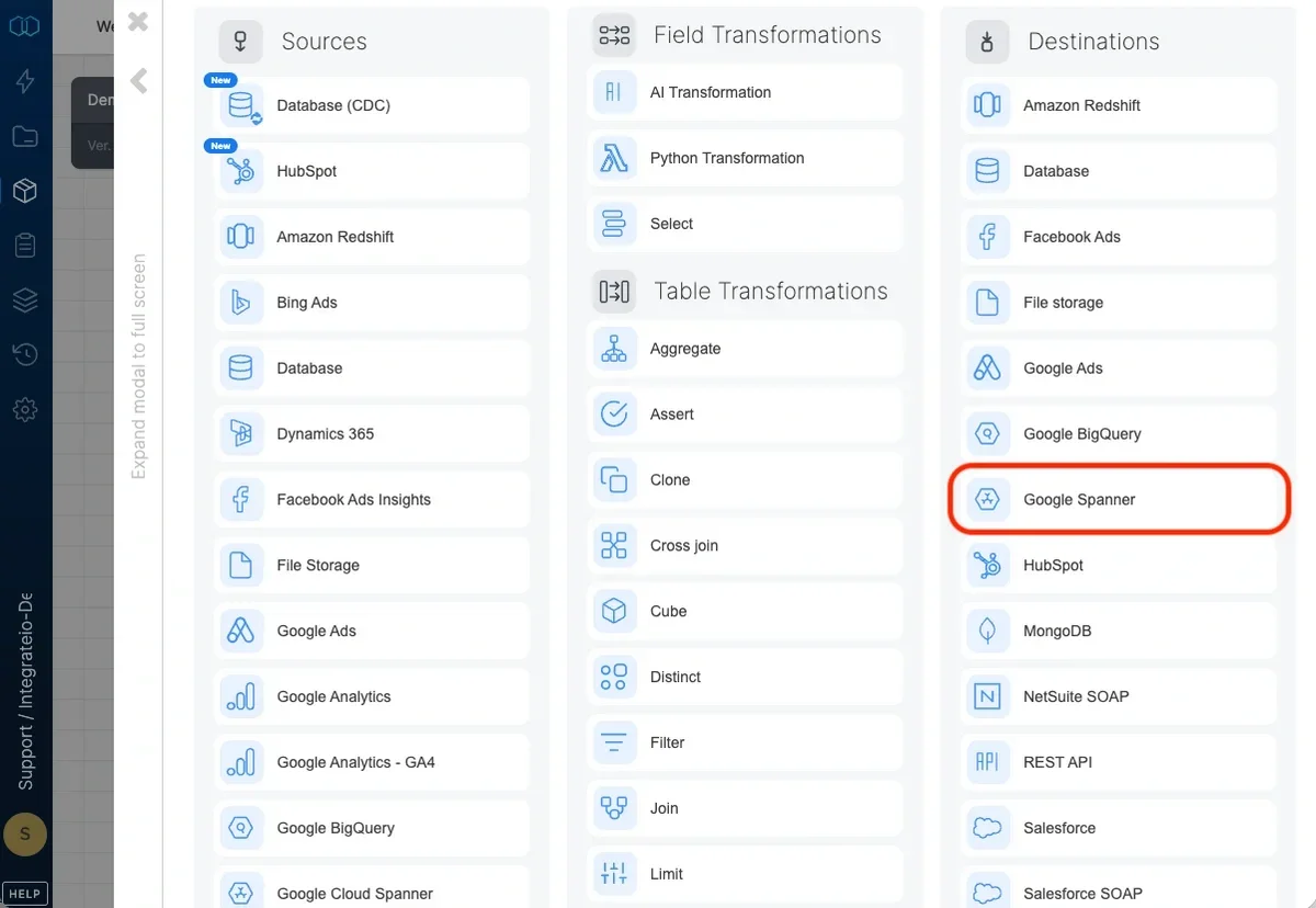 Google Spanner destination component connection and properties