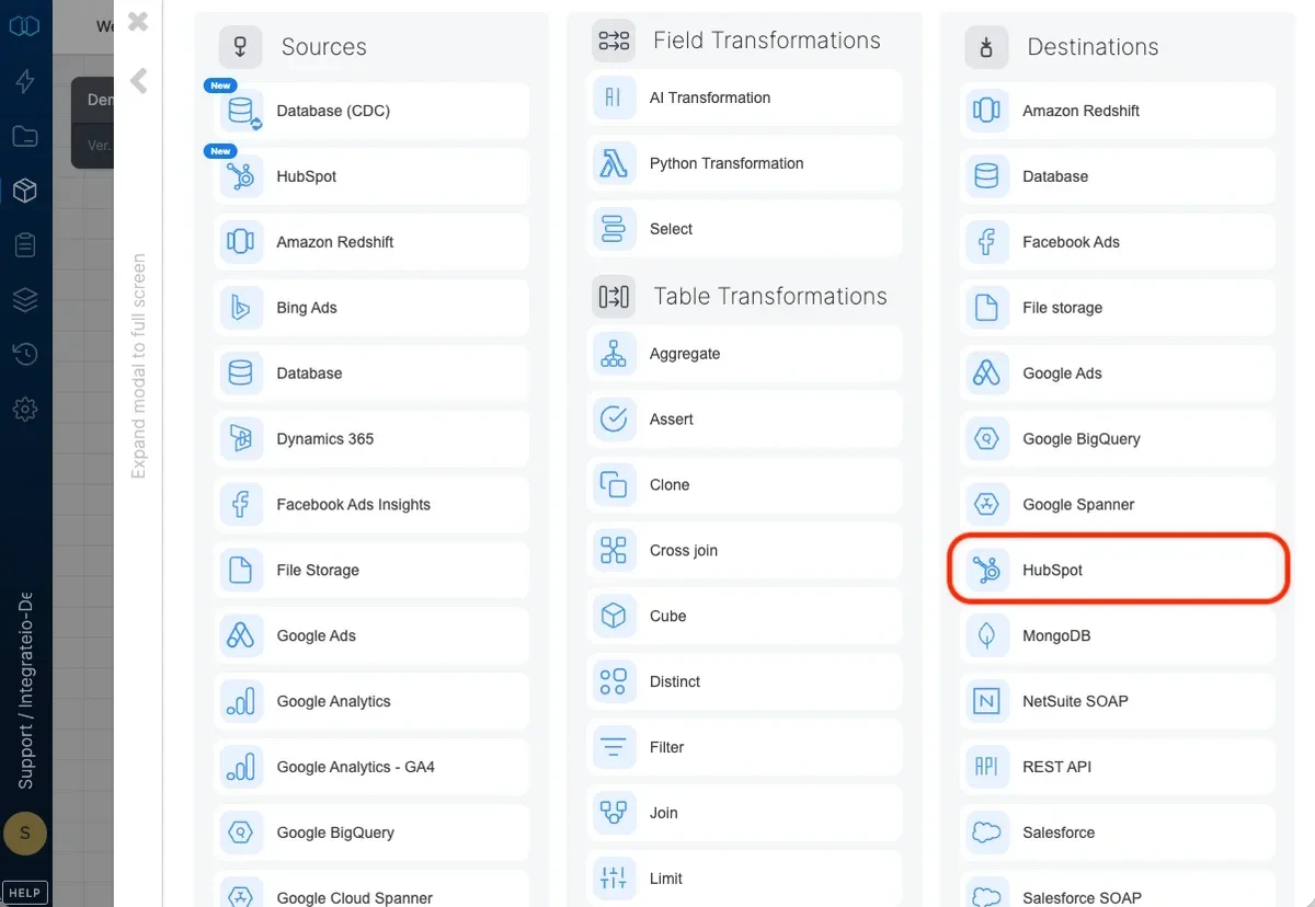 HubSpot destination component in the pipeline designer