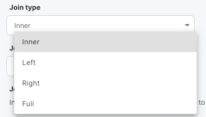 Join type dropdown with Inner, Left, Right, and Full options