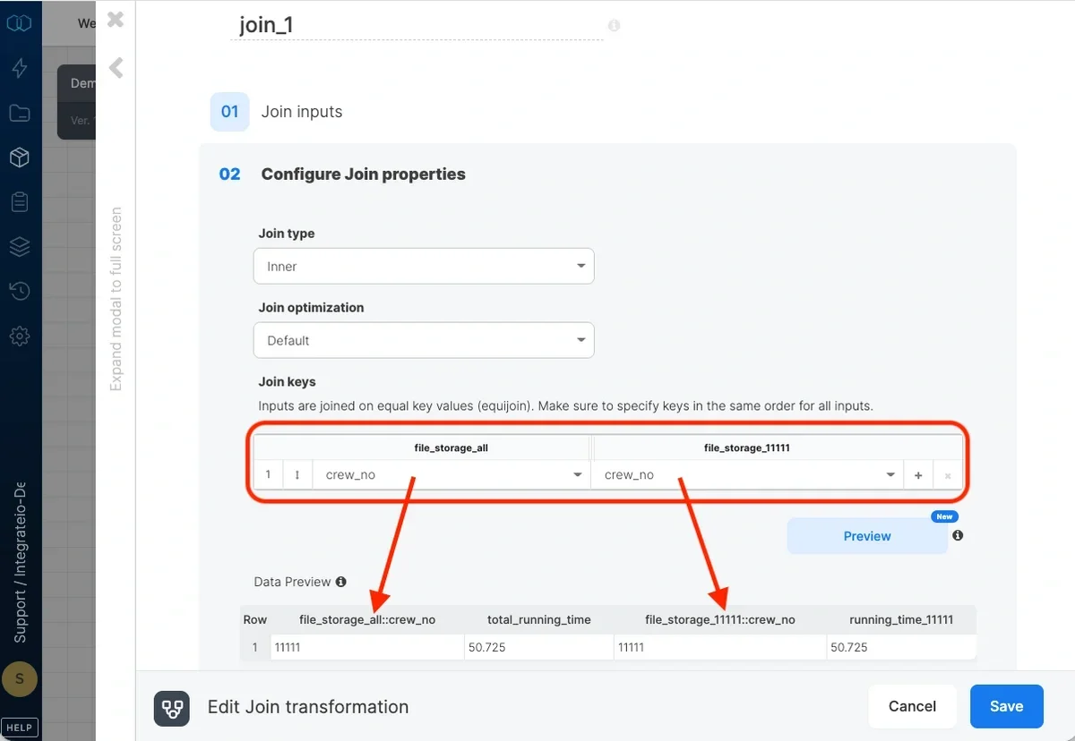 Selecting join key fields from left and right inputs