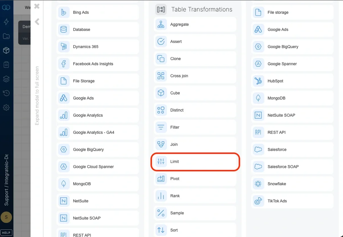 Limit component configuration panel