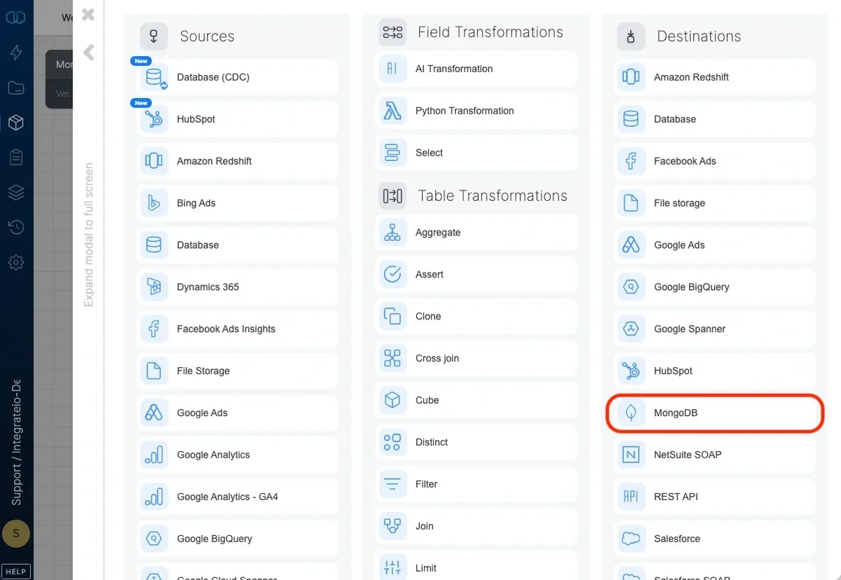 MongoDB destination component in the pipeline designer