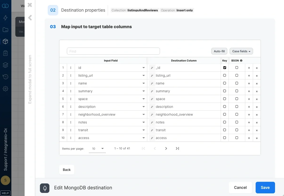 Schema mapping with field names, key checkbox, and BSON checkbox