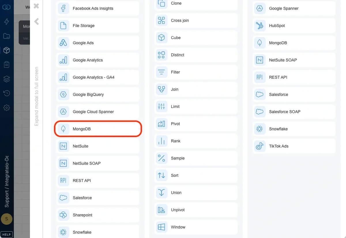 MongoDB source component in the pipeline designer
