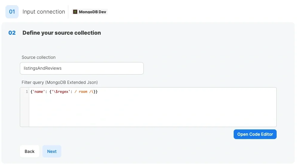 MongoDB source properties with collection and filter query fields