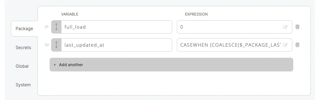 Package variables for full load flag and last updated timestamp