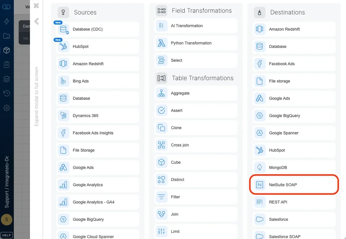 NetSuite SOAP destination component in the pipeline designer