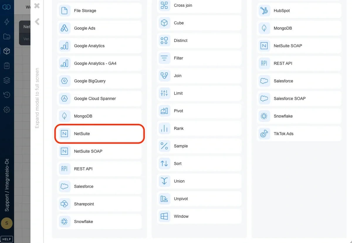 NetSuite source component in the pipeline designer