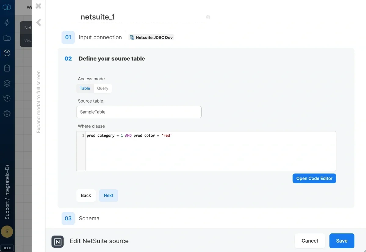 NetSuite source properties with table and where clause fields