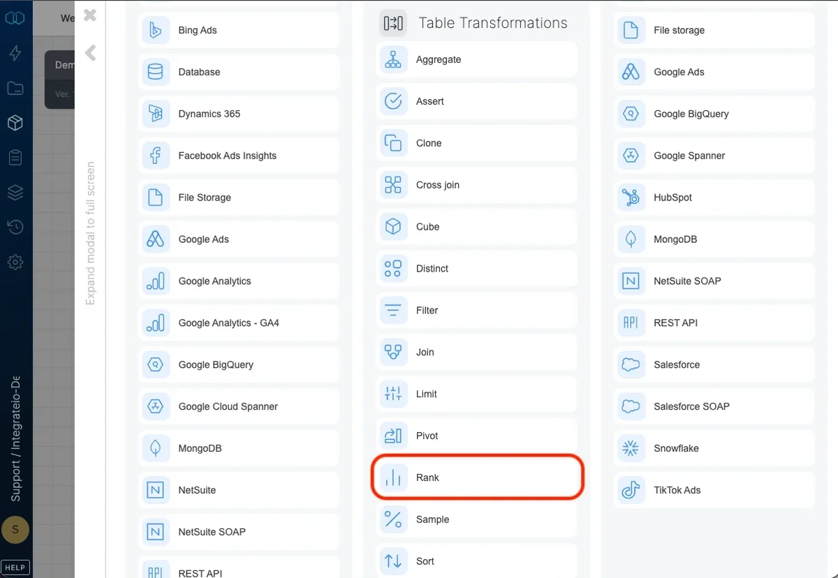 Rank component configuration panel