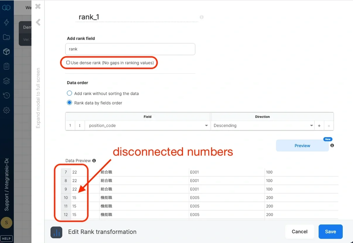 Rank output without dense rank, showing gaps in values