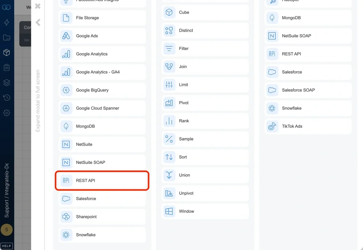 REST API source component in the pipeline designer