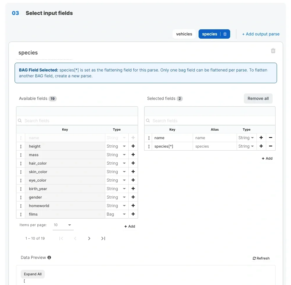 Multiple output parse sections with different edge names