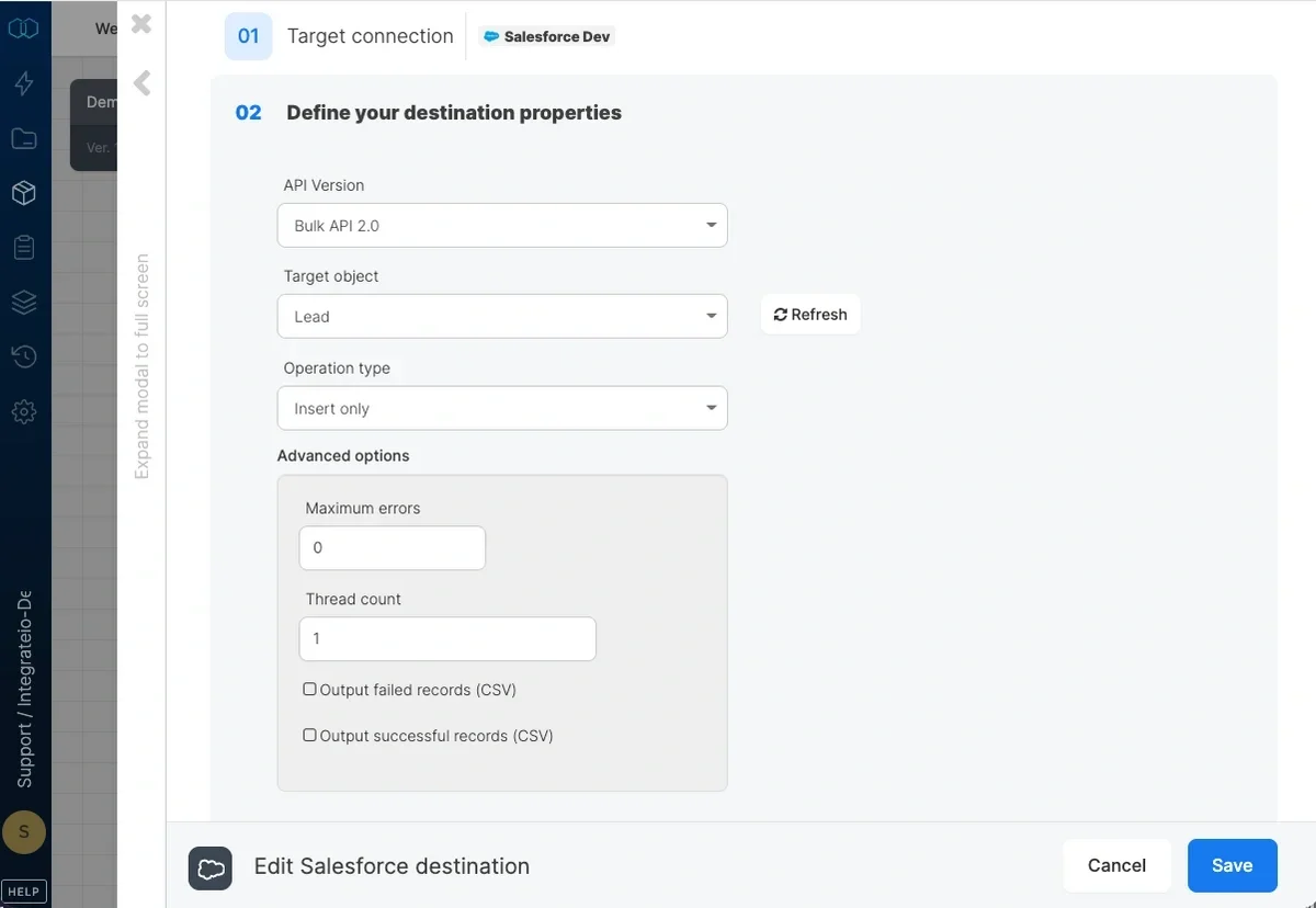 Salesforce destination properties with API version and target object